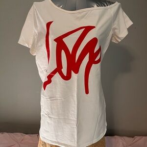 Women’s White Short-Sleeve Tee with Red Script Graphic